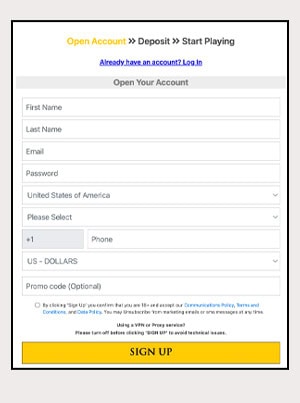 Bookmaker Signup page